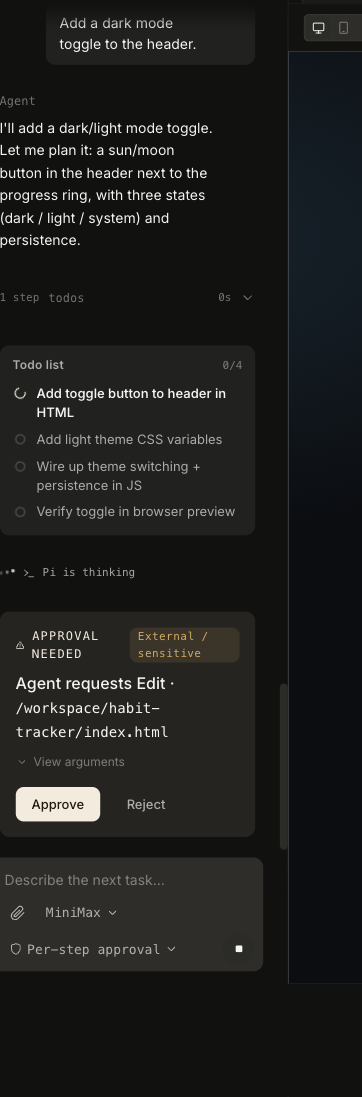 A per-step approval card in the Console: pi requests an edit and waits for Approve or Reject