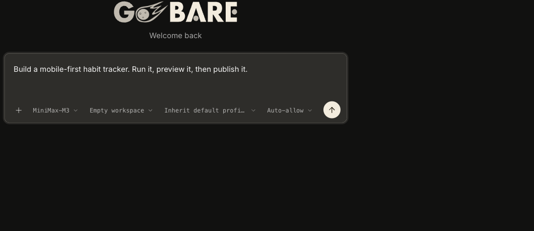 The Console launcher with a task typed in: one sentence, a model connection, and an approval mode